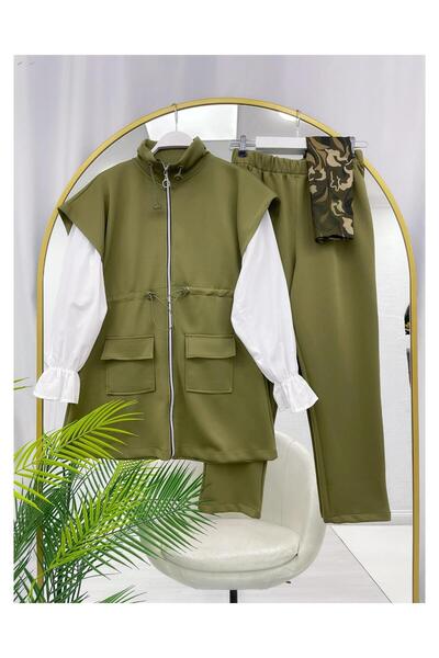 YEDİLALE Waisted Gathered Stand Collar Zipped Pocket Vest and Pant Set [Shirt sold separately code 3009]