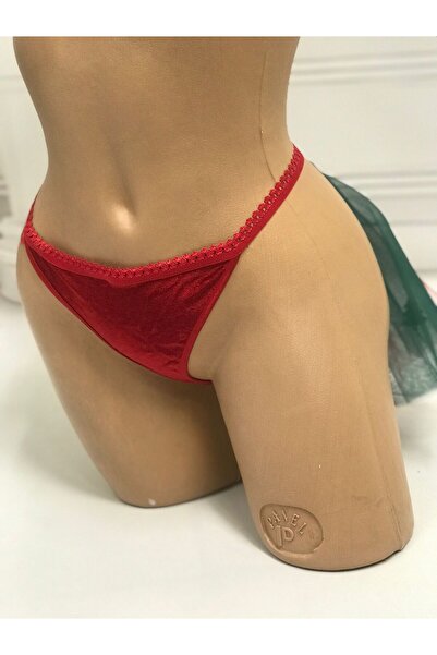 NSMLİFE Christmas, New Year's Gift, Red Velvet Thong String Model with Tulle Feather Detail on the Back