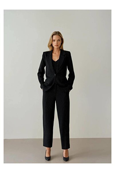 Coral Büstiyerli Çizgili Üçlü Takım 6034 Siyah