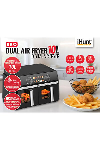 iHunt Bro Dual Zone Air Fryer 10L (5L+5L) 2200W, Stainless Silvery Grey