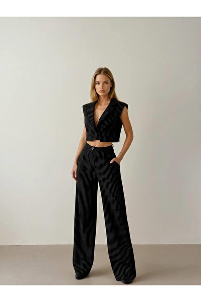 Coral İnce Çizgili Ceket Pantolon Takım 6046 Siyah