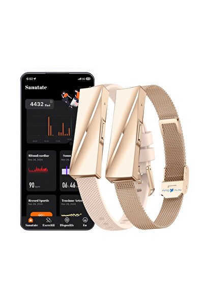 NITOPLAY Bratara Smart Fitness Inteligenta Nitoplay® Elegance, Aurie, 2 Curele, Bluetooth, GPS, Android/iOS