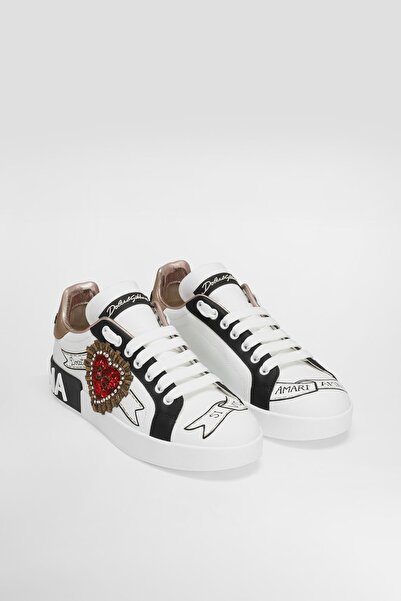 Dolce&Gabbana Women's Stone Embroidered Heart Applique Leather Sneakers - White/Black