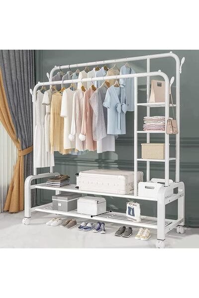 Enjoylifeme Metal Clothes Hanger Organizer Clothes Stand and Side Shelves Black with Wheels 110x55x156cm