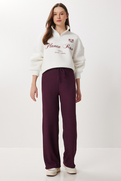 Lovelyİstanbul Wide Leg Crinkle Knitted Trousers Lci0057 Mürdüm