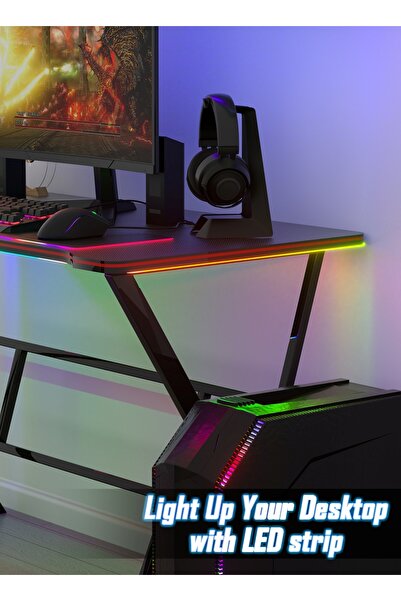 AnneFish Gaming Desk With Smart Bluetooth Led Strip Music Sync Corner Computer Desk Carbon Fiber Table
