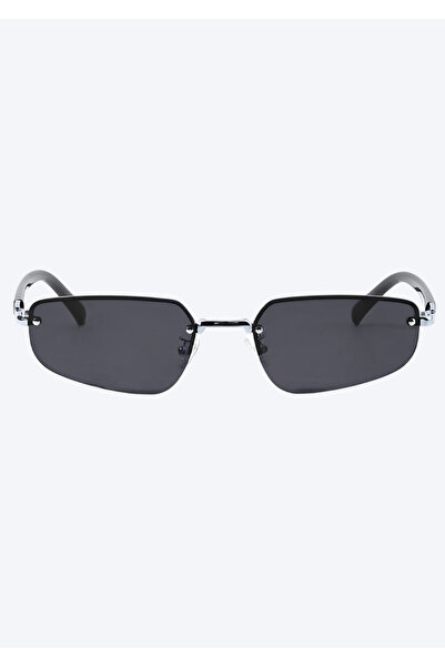 MECKSA Black Rectangle Rimless Sunglasses – Minimalist Metal Frame Street Style Eyewear