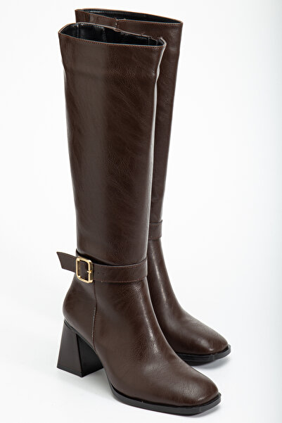 Weynes Women's Brown 7 cm Heeled Zippered Below-The-Knee Boots Wsb1166