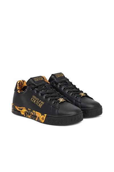 Versace Women's Fondo Court 88 Dis. Skl Sole Sneaker with Baroque Pattern and Letter Logo - Black/Gold Yellow