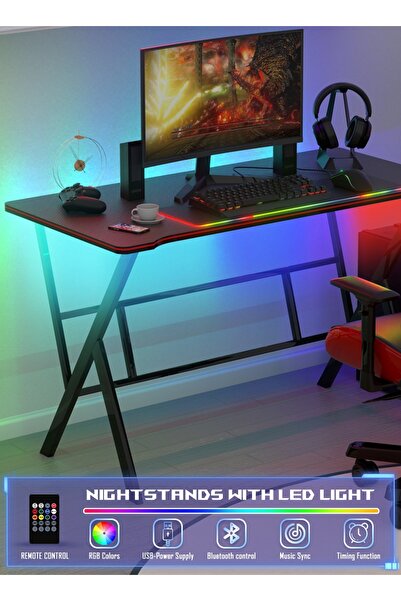 AnneFish Gaming Desk With Smart Bluetooth Led Strip Music Sync Corner Computer Desk Carbon Fiber Table