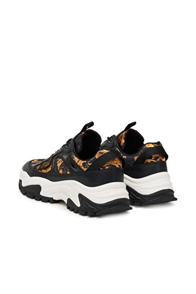 Versace Women's Fondo Hiker Dis. 11 Baroque Patterned Thick Sole Sneaker - Black/Gold Yellow