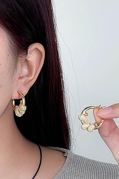 TAKIŞTIR Altın Renk Taş Detaylı 14K Altın Kaplama TX Halka Küpe (Çift)