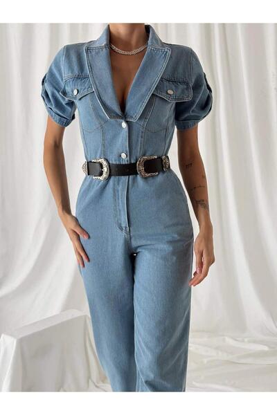 Coral Kolu Katlı Yakalı Kot Tulum 11917 Mavi