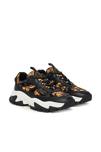 Versace Women's Fondo Hiker Dis. 11 Baroque Patterned Thick Sole Sneaker - Black/Gold Yellow