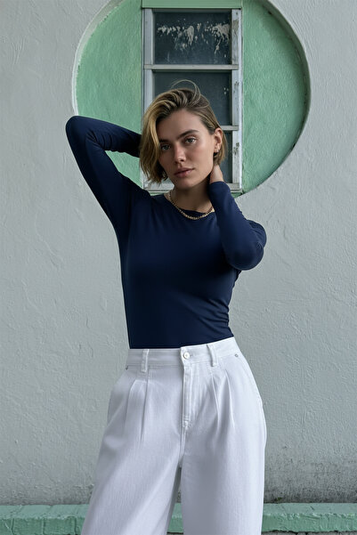 Evelora Lacivert Bisiklet Yaka Basic Uzun Kollu Full Likralı Body