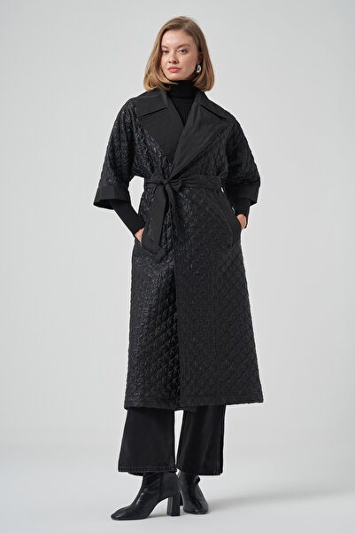 Nuss Belt and Detachable Knitted Sleeve Detail Cap Jacket 6014 Black