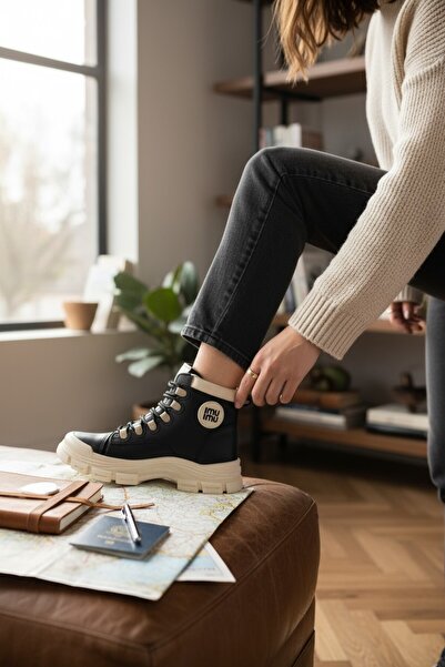 Conpax 5967 SİYAH BEJ KADIN FERMUARLI & BAĞCIKLI BOT