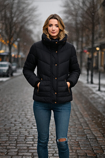 DYNAMO Black Mock Neck Zippered Accessories Fur Lined Thick Puffer Coat