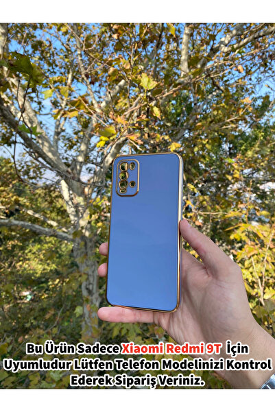 GtTech Xiaomi Redmi 9T Uyumlu Lazer Kesim Gold Çerçeve Mavi Kapak Kılıf