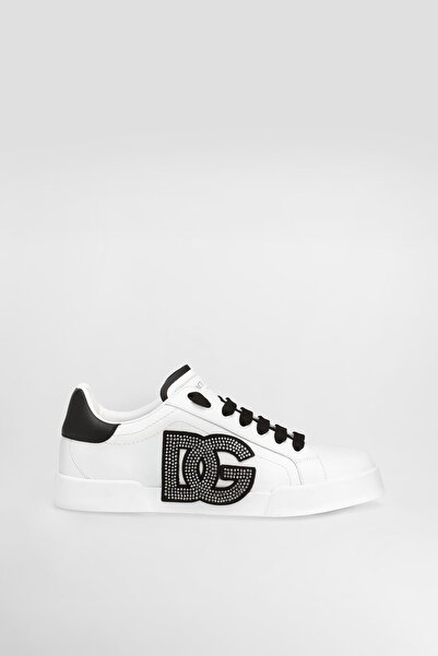 Dolce&Gabbana Women's Stone Embroidered Applique Logo Leather Sneakers - White/Black