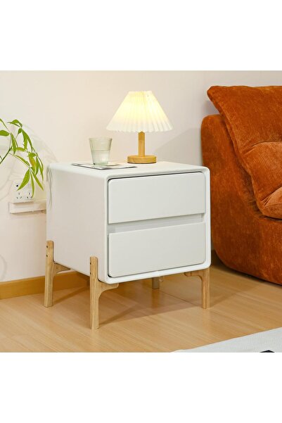 XINYUEMAIC Modern minimalist bedside table, solid wood edge table with 2 drawers, leather storage cabinet