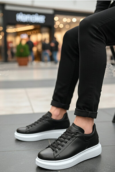 LUXEON Ανδρικά μαύρα λευκά αθλητικά παπούτσια με κορδόνια, ψηλή χοντρή σόλα, άνετα και κομψά αθλητικά παπούτσια