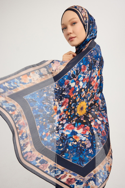 ipekistanbul Şal Janjan cu model Aurora - Cosmos de flori - Albastru închis