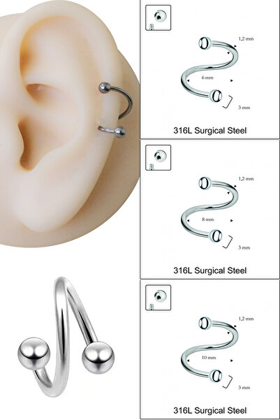 Cadının Dükkanı 3 mm Toplu Çelik Spiral Halka Piercing – Tragus, Helix, Dudak...