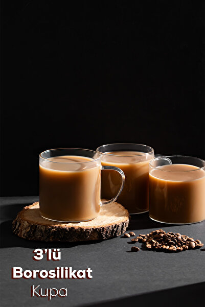 Porsima Borosilikat Isıya Ateşe Dayanıklı Cam Kulplu 3lü Çay Bardağı Kahve Ba...