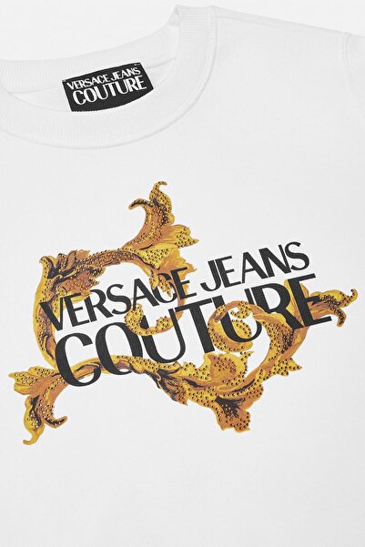 Versace Women's Regular Fit Baroque Patterned Crew Neck Sweatshirt - White/Gold Yellow