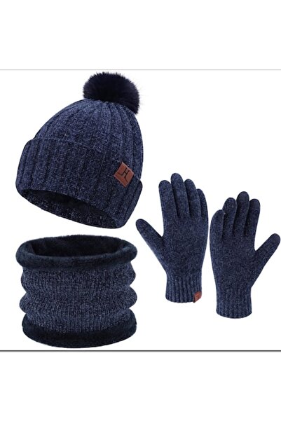 OEM Winter hat set for women with faux fur pom-pom, gloves and circular scarf