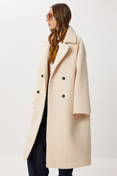 Lovelyİstanbul Kruvaze Yaka Oversize Buklet Kaban LFG0175 KREM