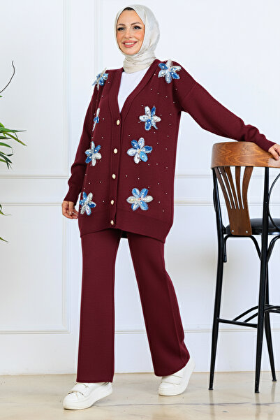 benguen Floral Knitwear Cardigan Set S1001 Claret Red