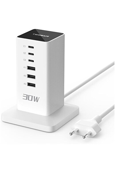 TESSAN Prelungitor tip Turn TS-CS04, 6 prize, 4 USB, 2 USB-C, 30 W, cablu 2m