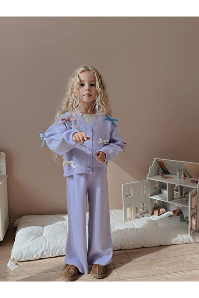 YİGİT BUTİK Girls' Set with Bow Embroidered Knitwear Cardigan
