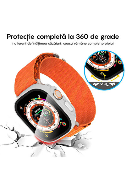 Casey Studios Husa cu Folie Apple Watch Ultra - 49MM, Policarbonat Dur, Slim, Anti-Soc Full Screen, Silver