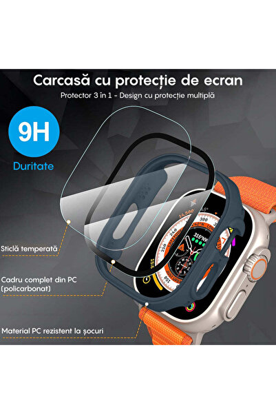 Casey Studios Husă cu Folie Apple Watch Ultra - 49MM, Policarbonat Dur, Slim, Ecran Full Screen Anti-Soc, Albastru Miezul Nopții
