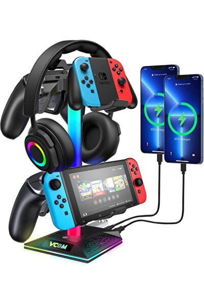 VCOM RGB Headphone Stand with USB & Type-C Ports, Controller Holder, 10 Light Modes (Black)