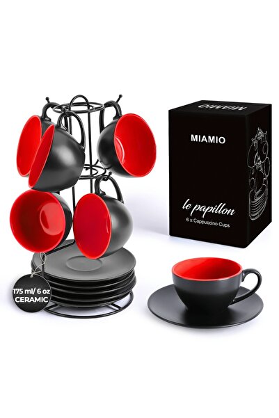 MIAMIO Set of 6 Cappuccino cups with saucer, Le Papillon collection, ceramic, red, 175 ml