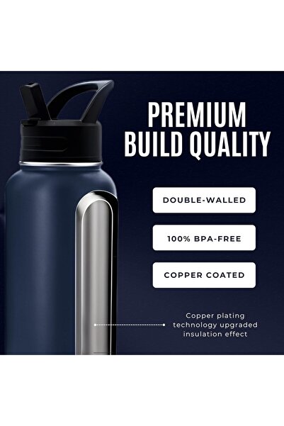 NEXSO 1L Blue Insulated Stainless Steel Water Bottle | Double Wall Thermos with 3 Leak-Proof Lids