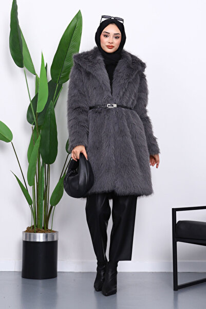 İmajButik Füme Kemerli Astarlı Kürk Kaban