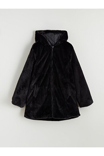 LC Waikiki Lcw Kids Black Hooded Faux Fur Coat for Girls