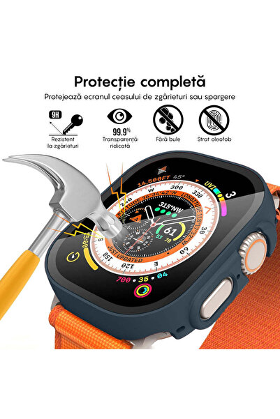 Casey Studios Husă cu Folie Apple Watch Ultra - 49MM, Policarbonat Dur, Slim, Ecran Full Screen Anti-Soc, Albastru Miezul Nopții