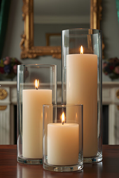 Paşa Cam Set de 3 vaze cilindrice din sticlă pentru lumânări Dimensiune mare 15 cm Cap Bej