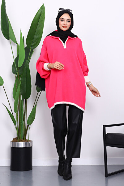 İmajButik Fuchsia Shirt Collar Zippered Knitwear Tunic