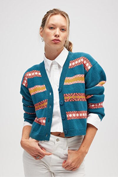 Peraluna Sephora Jacquard Women's Knitwear Cardigan - Blue