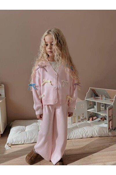 YİGİT BUTİK Girls' Set with Bow Embroidered Knitwear Cardigan