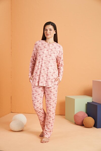 PJS Σετ γυναικεία πιτζάμα με λουλουδάτο κουμπί - Μακρυμάνικο