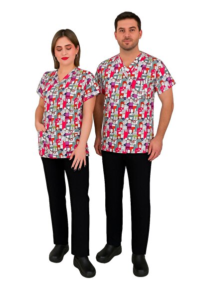 Nur Medikal Giyim Unisex Renkli Köpekler Desenli Likralı Veteriner Doktor Hem...