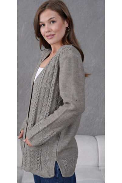 Elçelya Moda Women's Mother Plus Size Chain Flower Motif Buttoned Cardigan